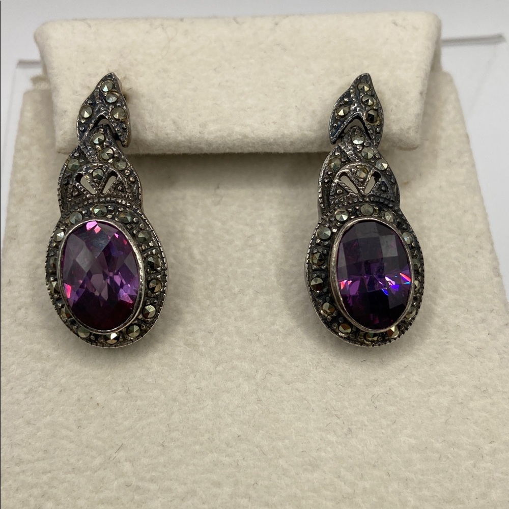 Vintage Sterling Silver 925 Purple Amethyst Marcasite Dangle Earrings Pierced
